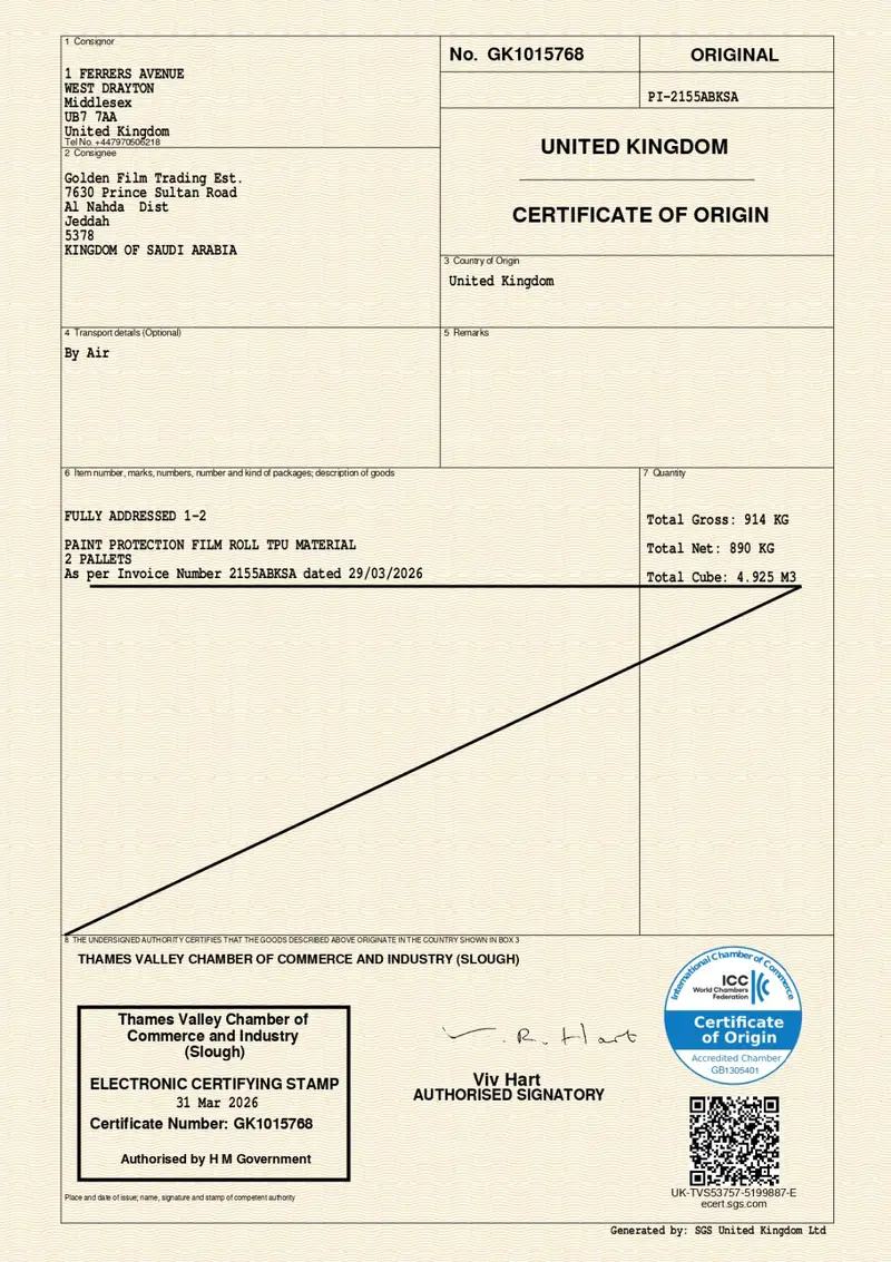 شهادة منشأ بريطانية رقم GK1015768 صادرة من غرفة تجارة وصناعة Thames Valley بتاريخ 31 مارس 2026، لشحنة رولات فيلم حماية طلاء من مادة TPU، والمرسَل إليه مؤسسة الفيلم الذهبي للتجارة في جدة